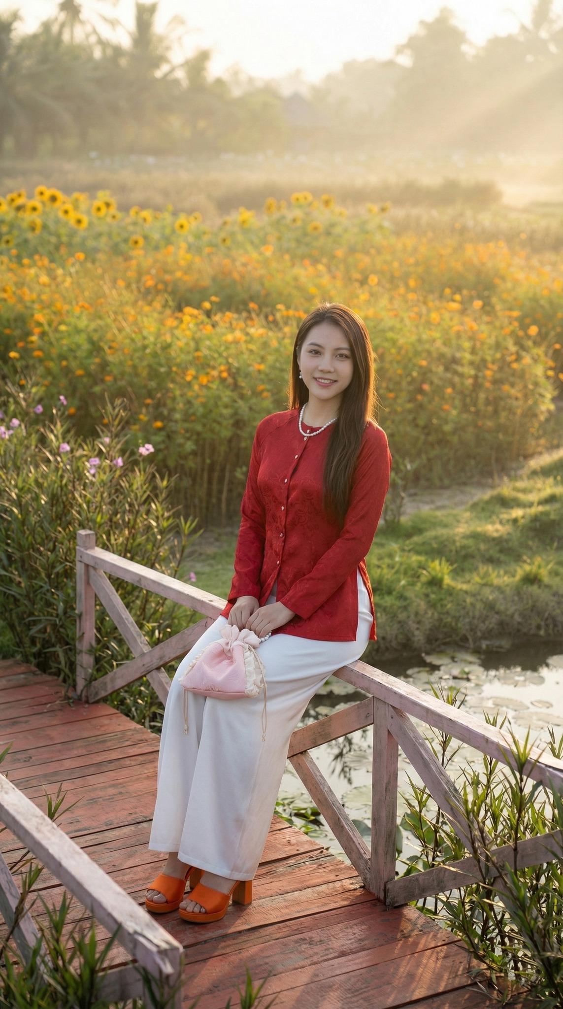 Ngồi trên cầu gỗ ngắm hoa
