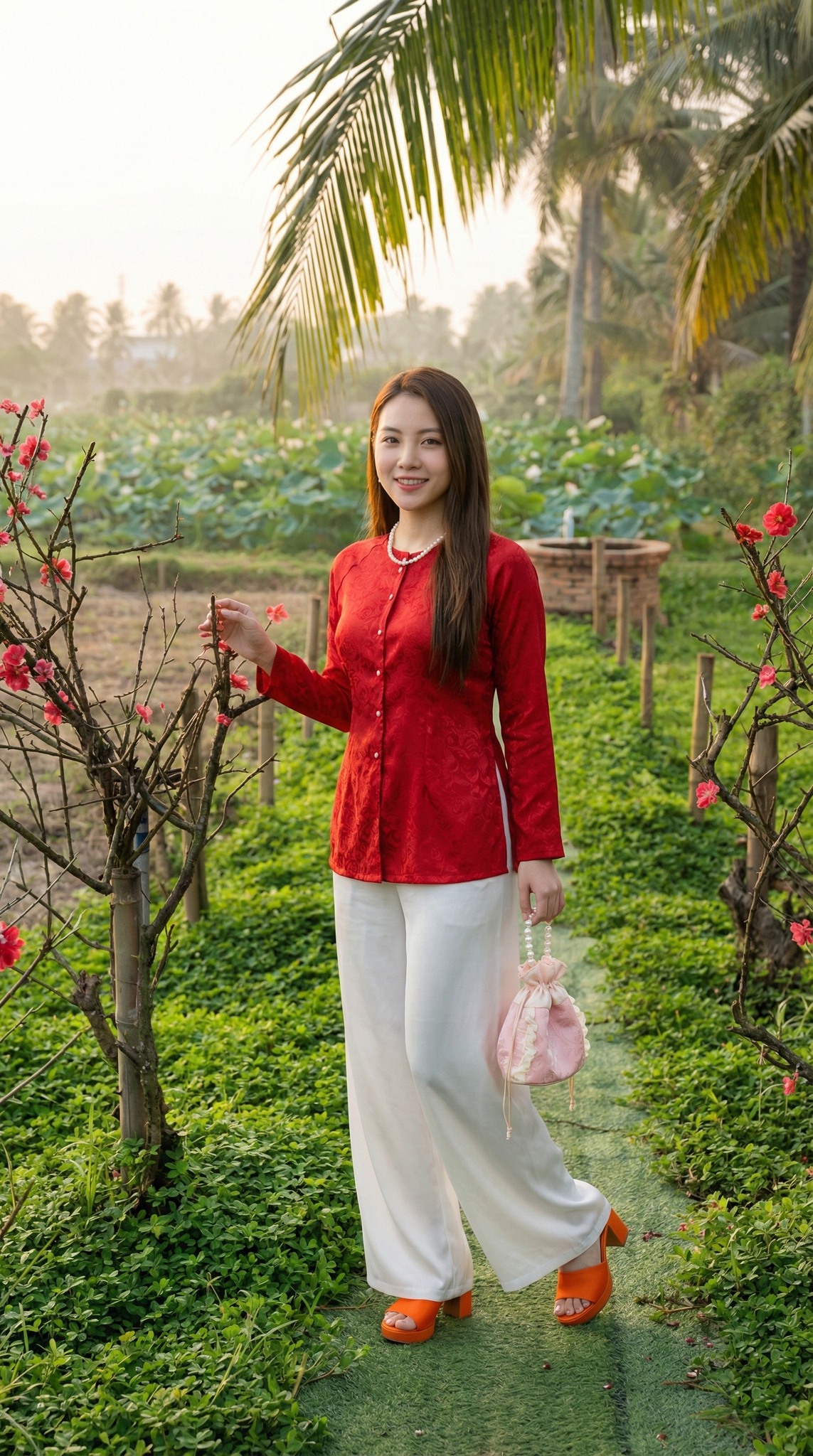 Tạo dáng bên cành đào ngày tết