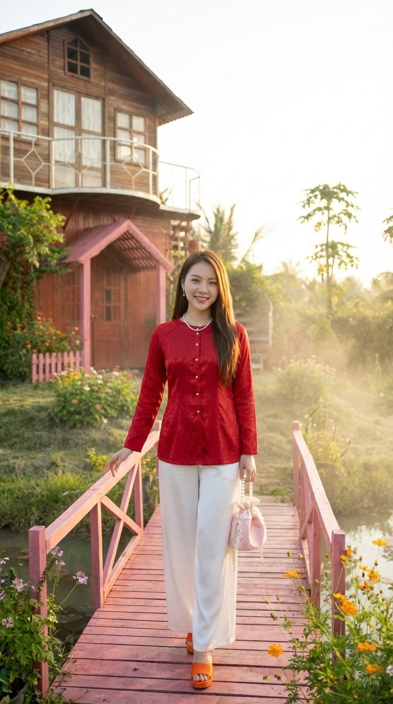 Tiểu cảnh nhà gỗ và cầu hồng lãng mạn