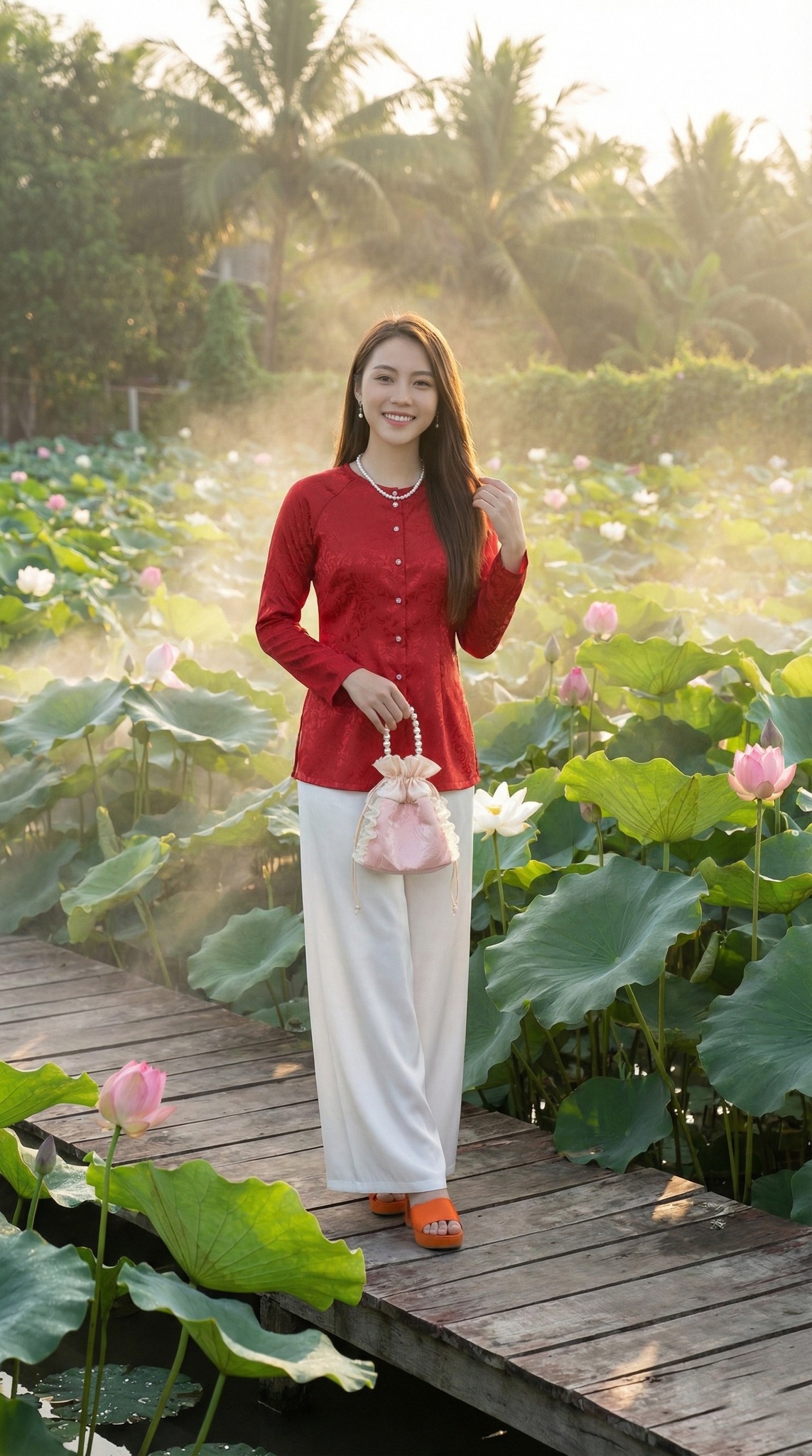 Góc chụp hồ sen buổi sáng sớm mờ sương