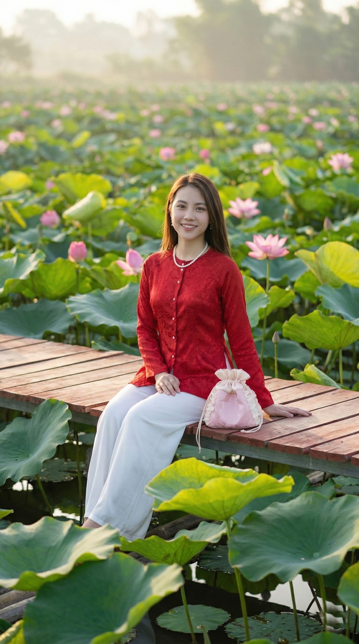 Chụp ảnh với hoa sen tại Bách Nhật Hoa Viên