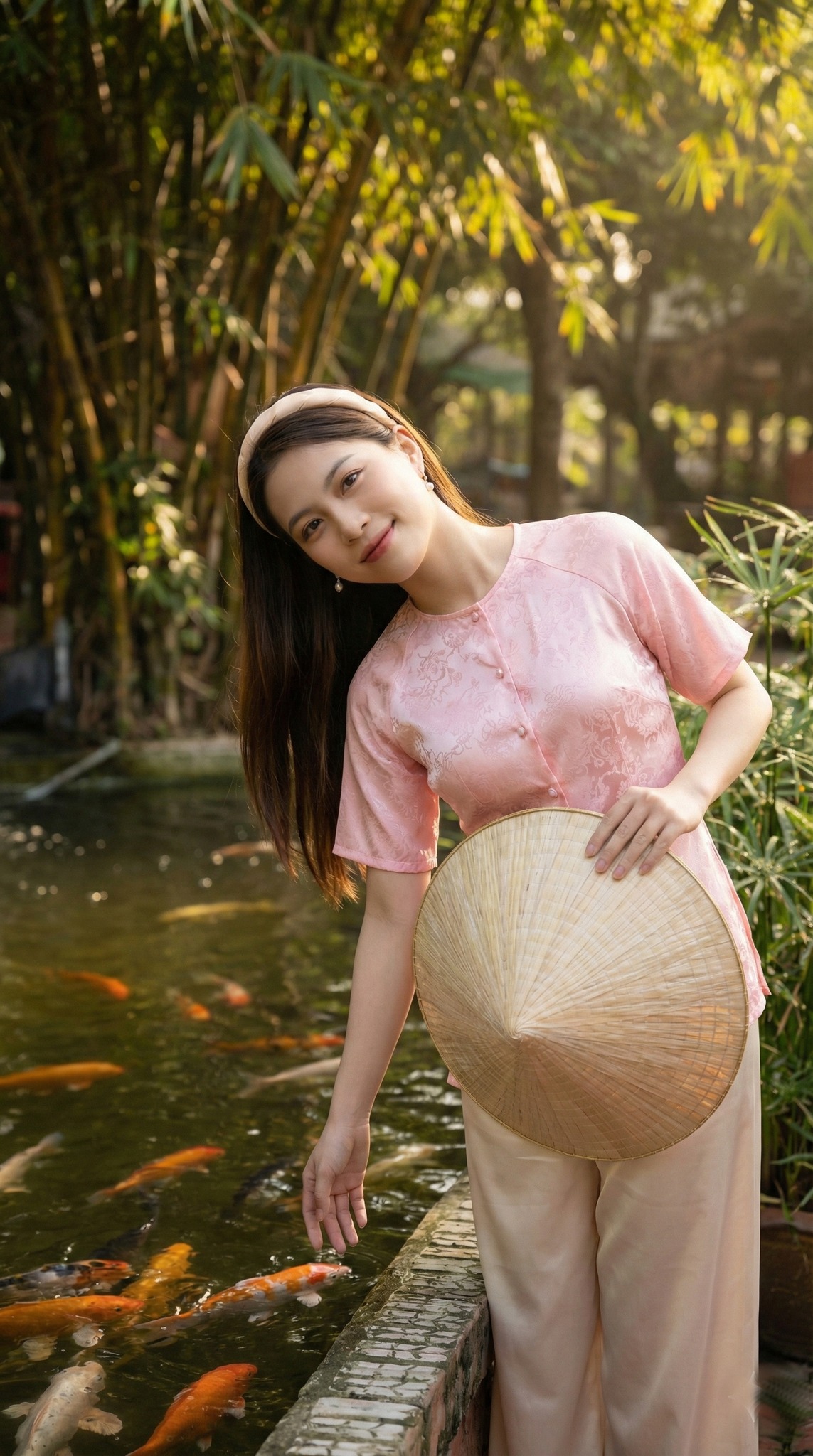 Tạo dáng bên hồ cá Koi