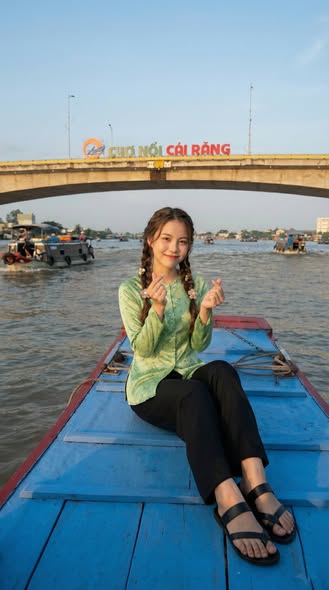 Check-in Chợ Nổi Cái Răng Cần Thơ với cầu Cái Răng phía sau