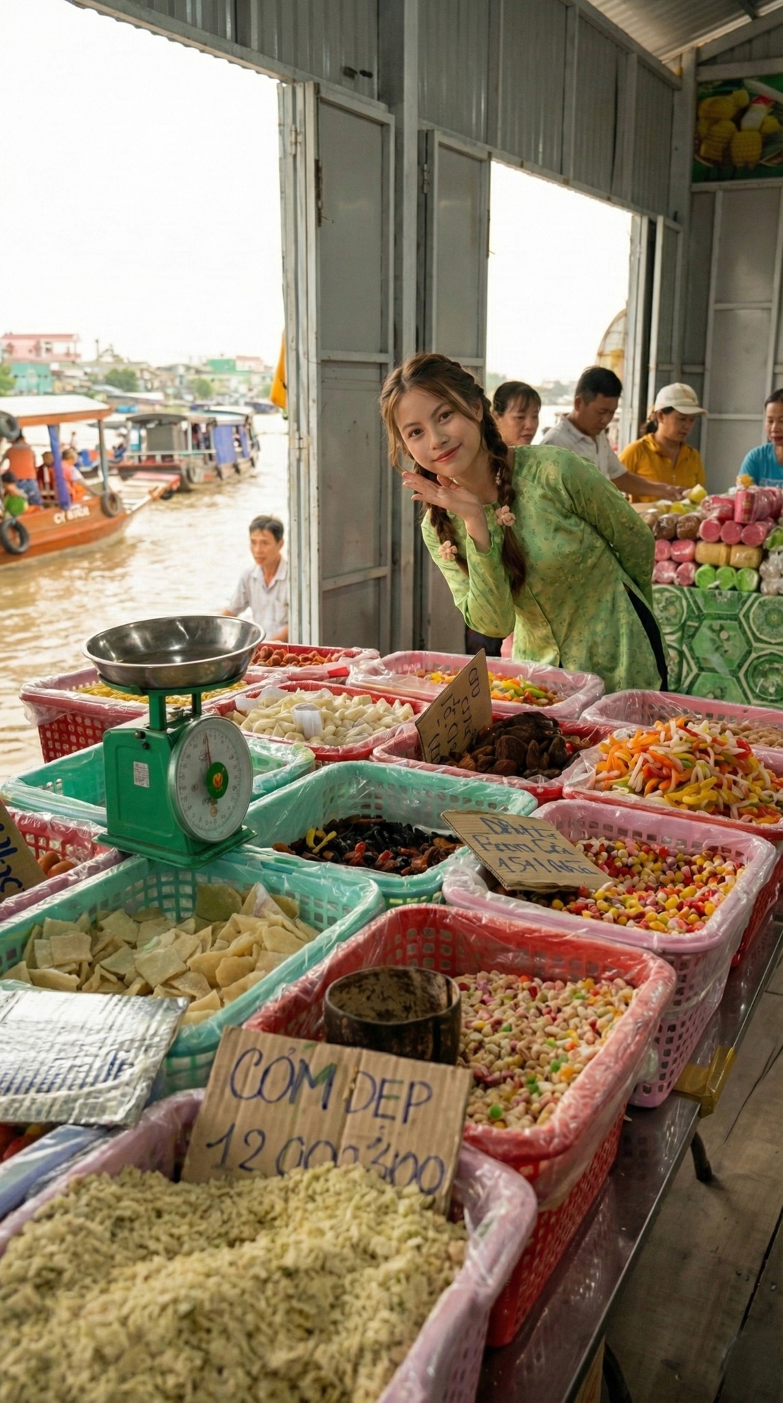 Mua sắm đồ ăn vặt và trái cây tại chợ nổi