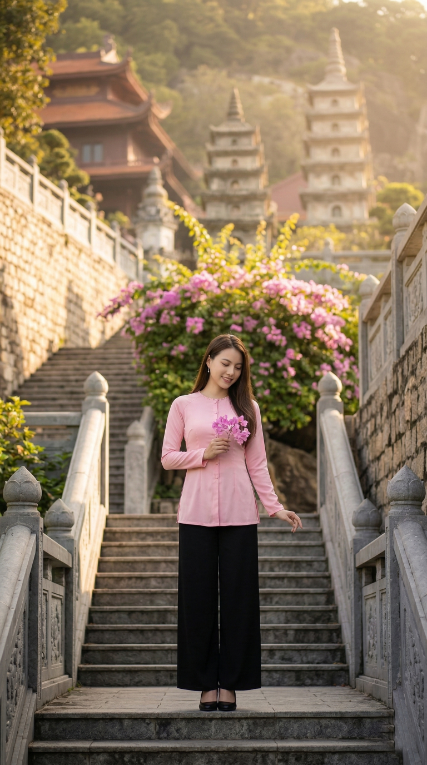 Thiếu nữ duyên dáng dưới bóng tháp Phật uy nghi