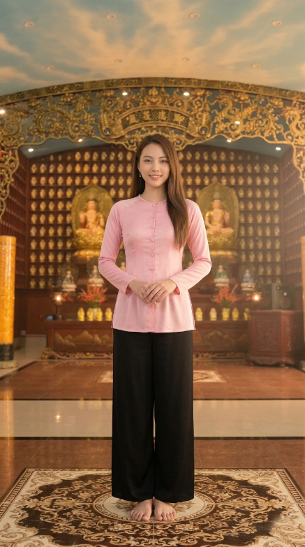 Trang phục áo bà ba hồng hài hòa với không gian điện thờ