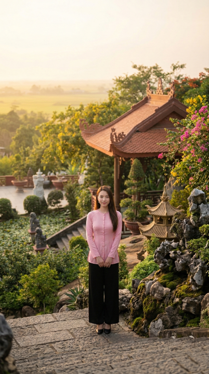Đứng trên bậc thềm đá ngắm nhìn mái đình cổ kính