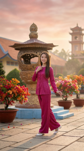 Khuôn viên ngập nắng tại chùa huỳnh đạo ở an giang