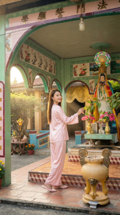 Tạo dáng bên tượng phật tại chùa lá sen