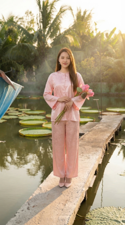 Cô gái cầm hoa sen đứng trên cầu tại chùa sen vua