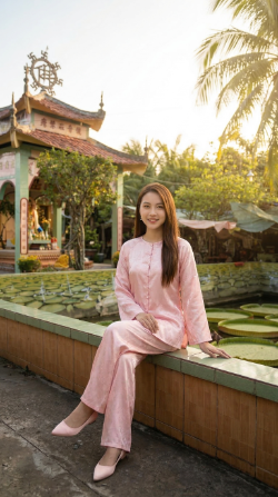 Tạo dáng ngồi trên thành hồ chùa lá sen