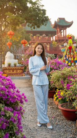 Đường hoa rực rỡ bên hông chùa