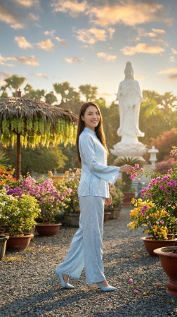 Góc vườn hoa và tượng Phật Quan Âm trắng