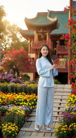 Khuôn viên đầy hoa trước chánh điện Chùa Lầu