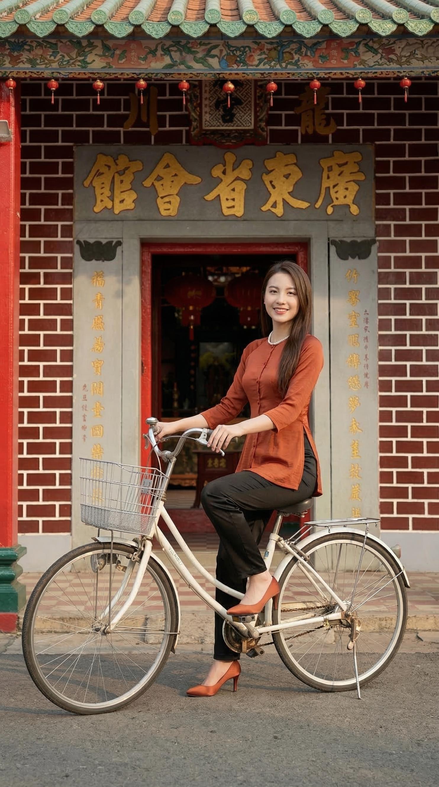 Chụp ảnh với xe đạp mini trước cổng Quảng Đông Tỉnh Hội Quán