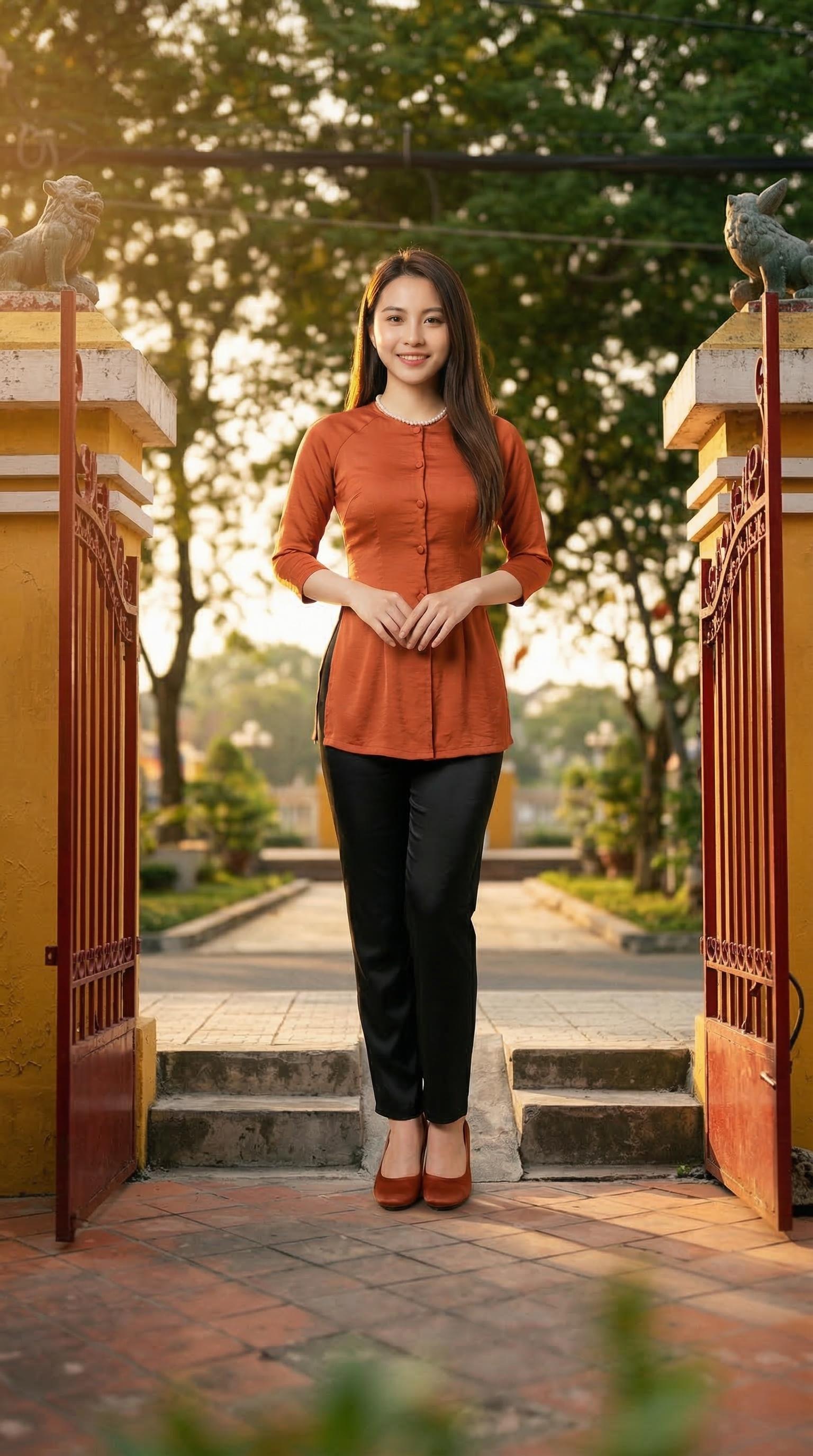 Đứng giữa hai cánh cổng sắt đỏ tại Chùa Ông Bắc