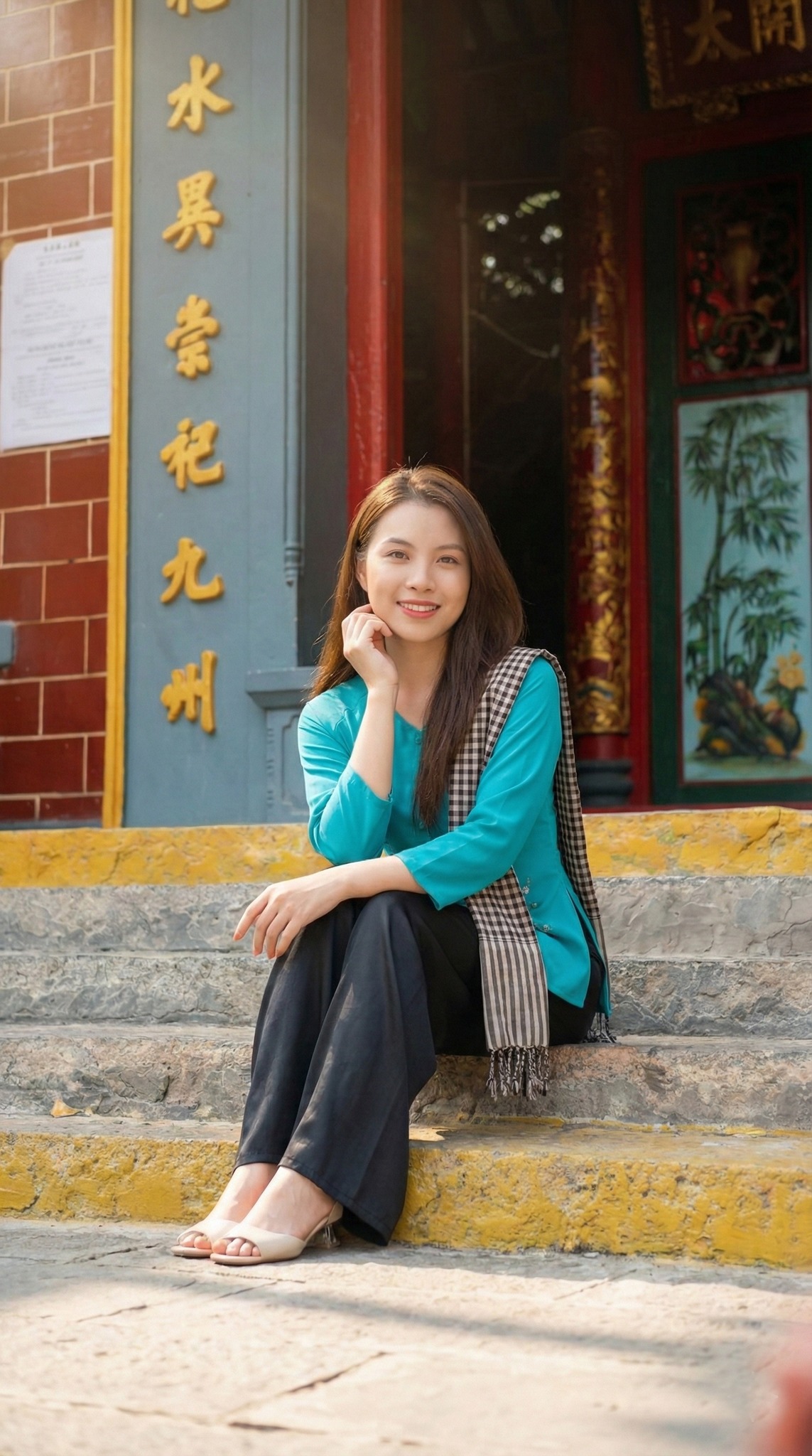 Thiếu nữ mặc áo bà ba chụp ảnh trước cổng Chùa Ông