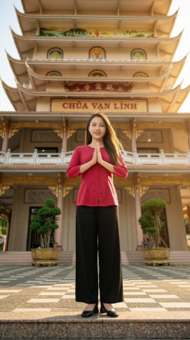 Cô gái đứng chắp tay trang nghiêm trước tòa chính điện nhiều tầng tại Chùa Vạn Linh An Giang