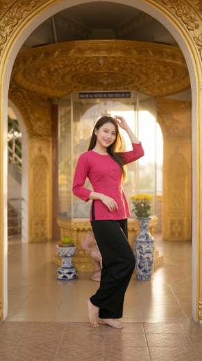 Cô gái đứng dưới cổng vòm chạm trổ hoa văn thếp vàng