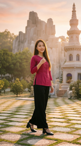 Góc sân lót gạch và thảm cỏ với núi đá nhân tạo phía sau