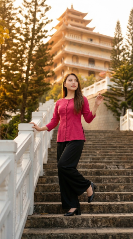 Tạo dáng nhẹ nhàng trên các bậc thang đá tại Chùa Vạn Linh