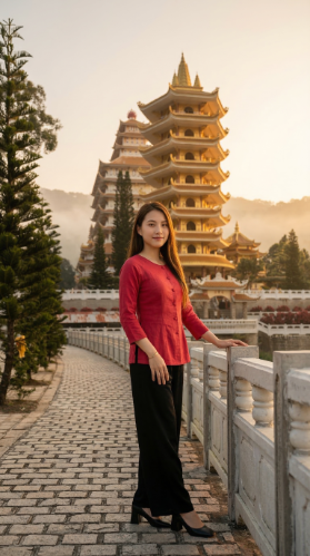 Đứng tựa lan can với hậu cảnh là bảo tháp vươn lên giữa núi rừng