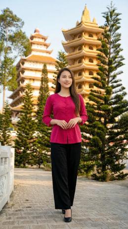 Con đường lát đá phẳng lặng với hàng thông cao vút dẫn vào bảo tháp
