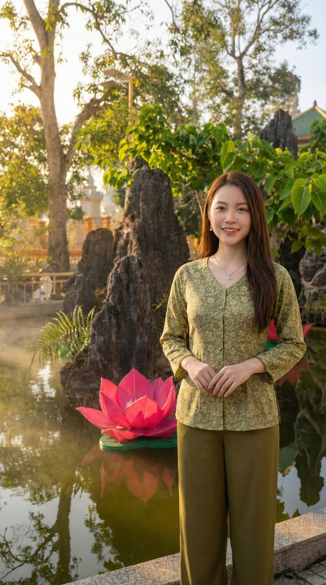 Chụp ảnh bên hồ sen trong khuôn viên chùa