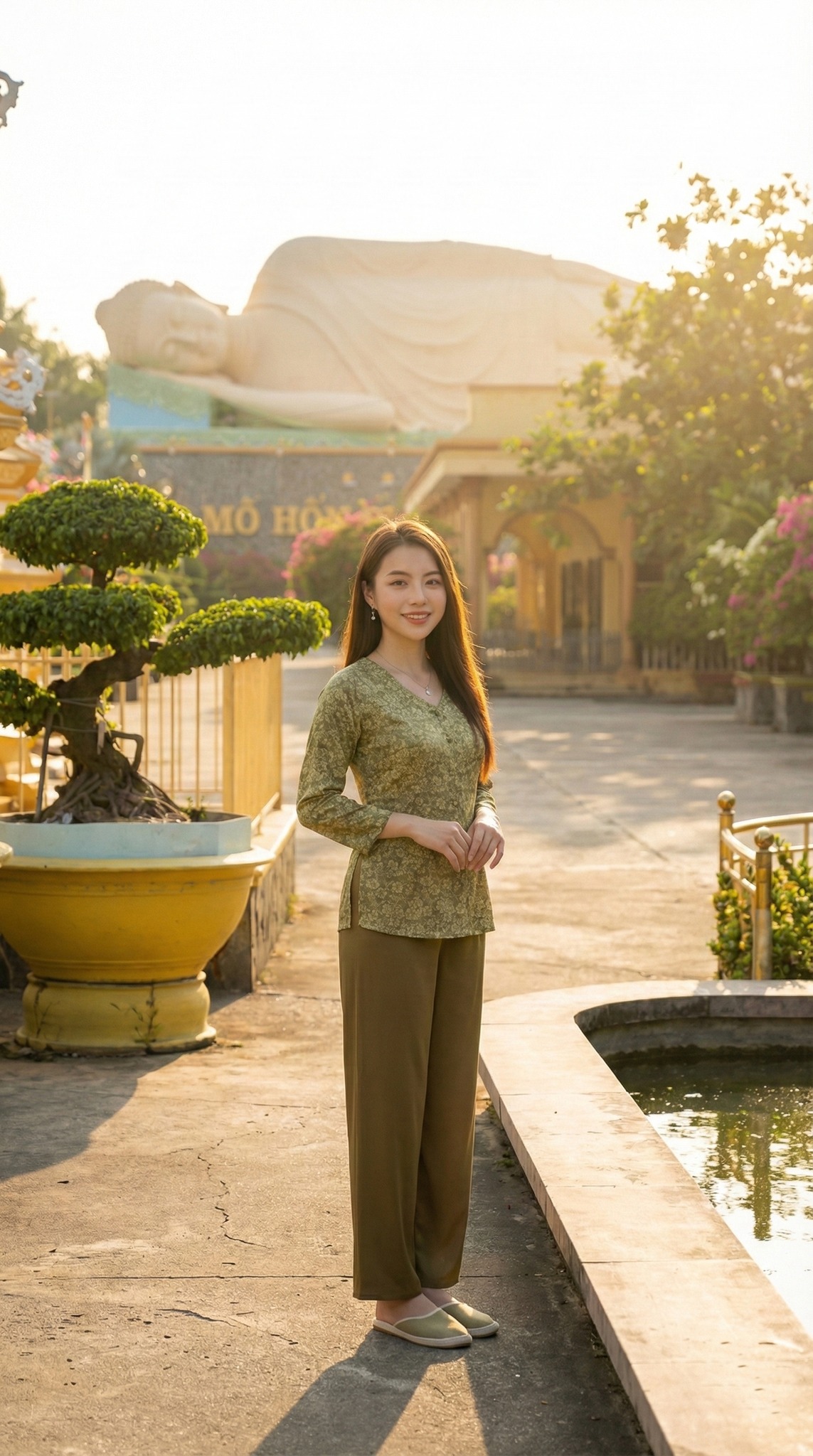 Du khách chụp ảnh kỷ niệm cùng tượng Phật Nằm