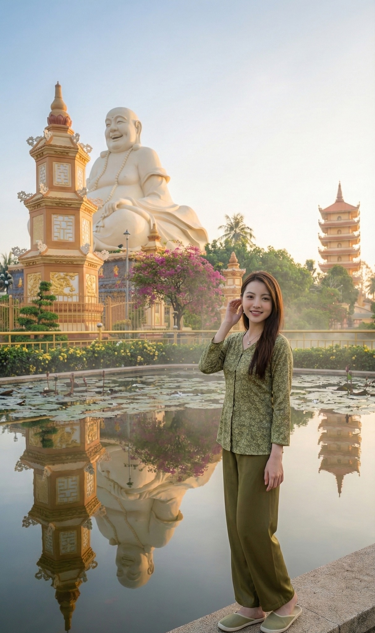 Bóng tượng Phật Di Lặc phản chiếu xuống hồ sen tuyệt đẹp