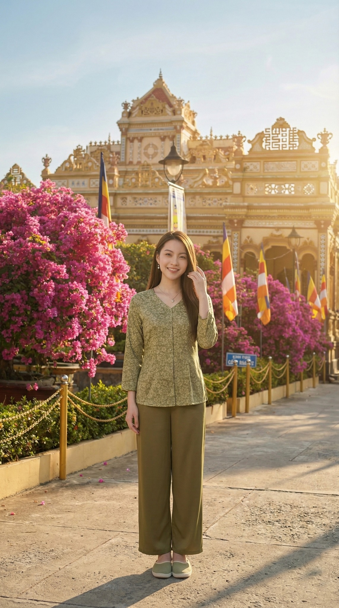 Tạo dáng với hàng hoa giấy rực rỡ