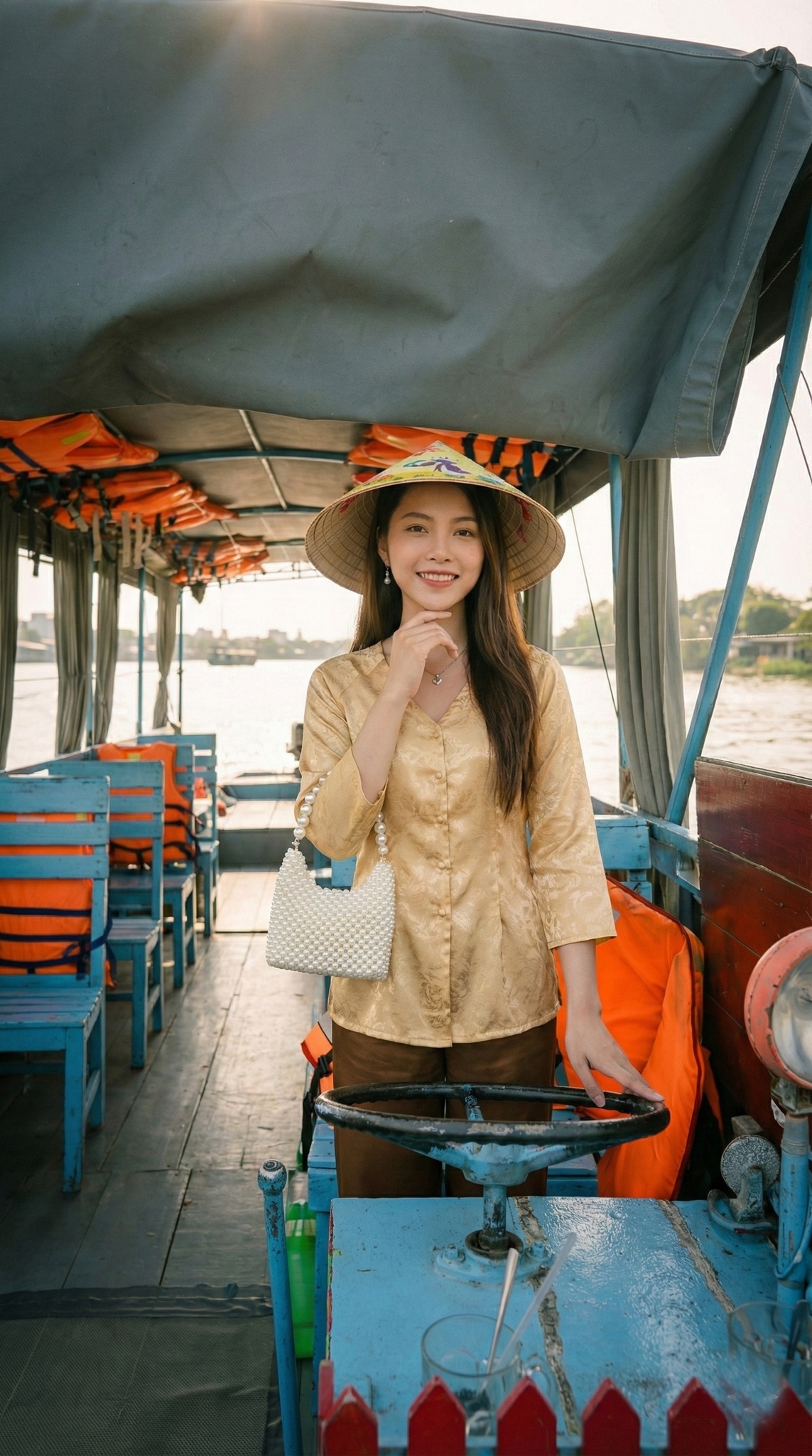 Di chuyển bằng tàu sang Cồn Sơn ngắm cảnh sông Hậu