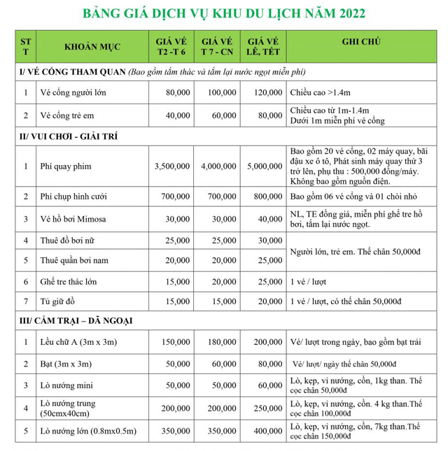 Giá vé Thác Giang Điền