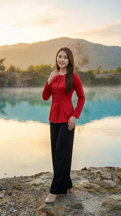 Chạm nhẹ áo, tạo dáng thục nữ ven hồ