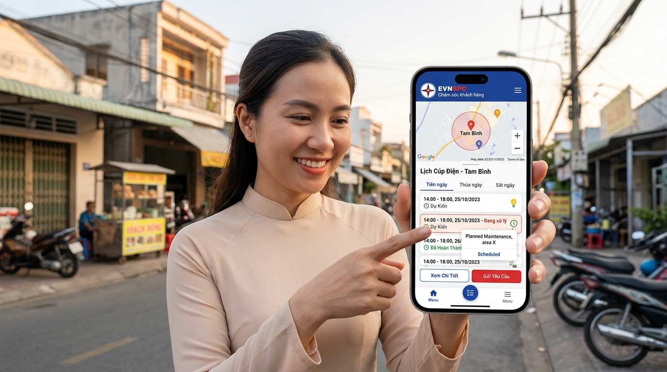 Giao diện tra cứu lịch cúp điện Tam Bình trên ứng dụng điện thoại di động