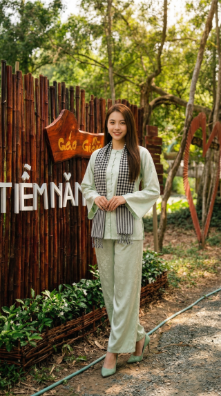 Khăn rằn tạo điểm nhấn cho trang phục