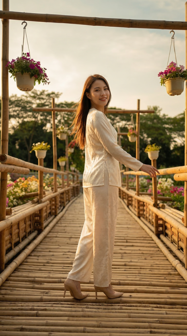 Tạo dáng trên cầu tre mộc mạc