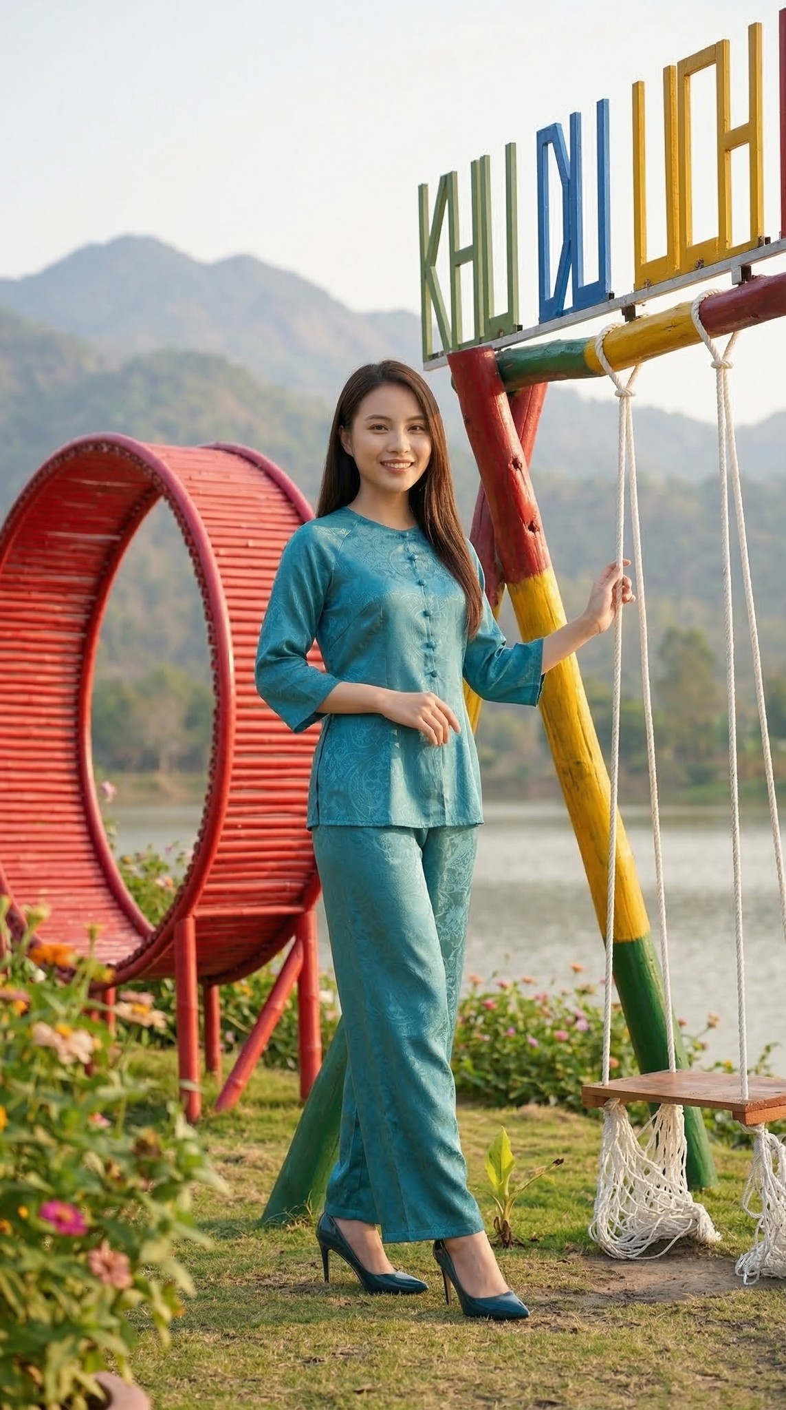 Cô gái duyên dáng bên xích đu tại Khu du lịch Hồ Ô Thum An Giang