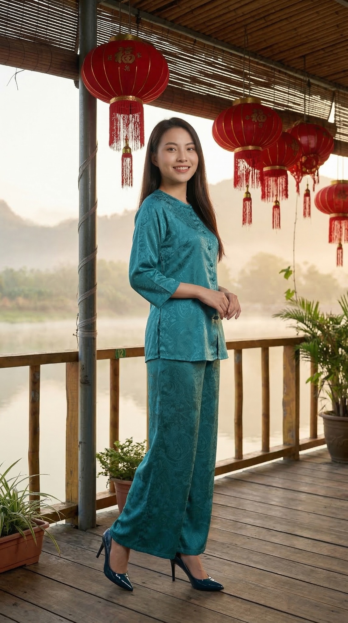 Hành lang lồng đèn đỏ tại nhà hàng ven Hồ Ô Thum