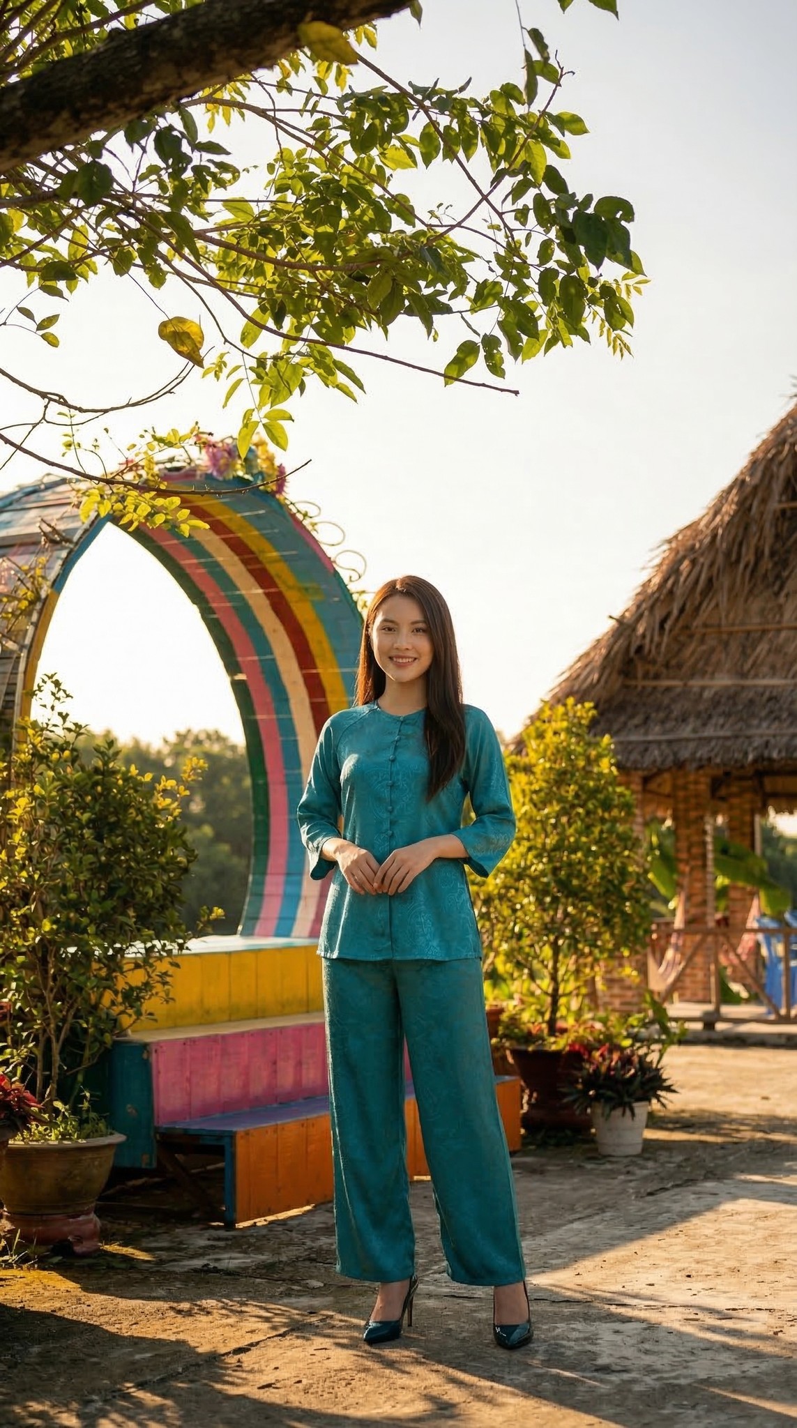 Tạo dáng với vòm cầu vồng tại Khu du lịch Hồ Ô Thum