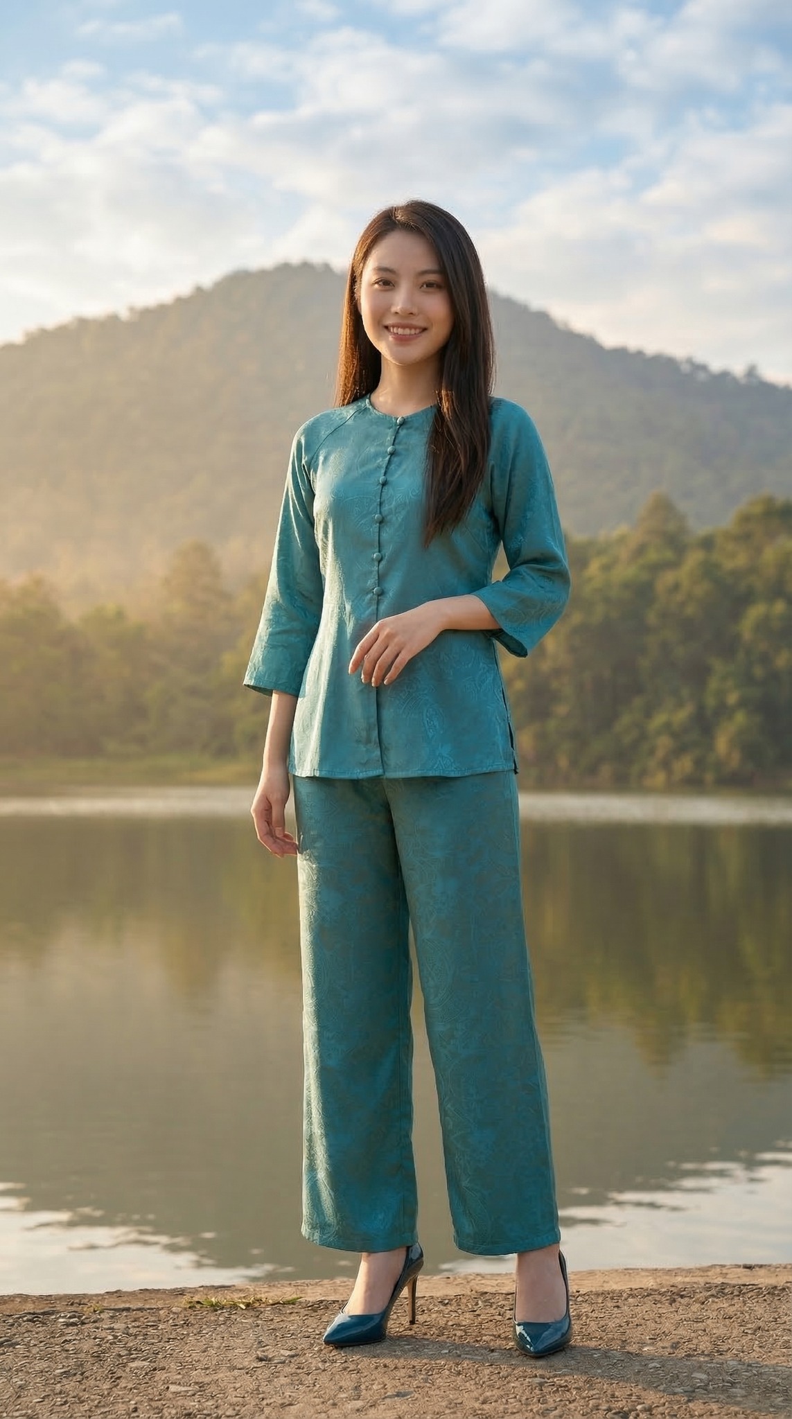 Pose dáng thanh lịch ven bờ hồ nước