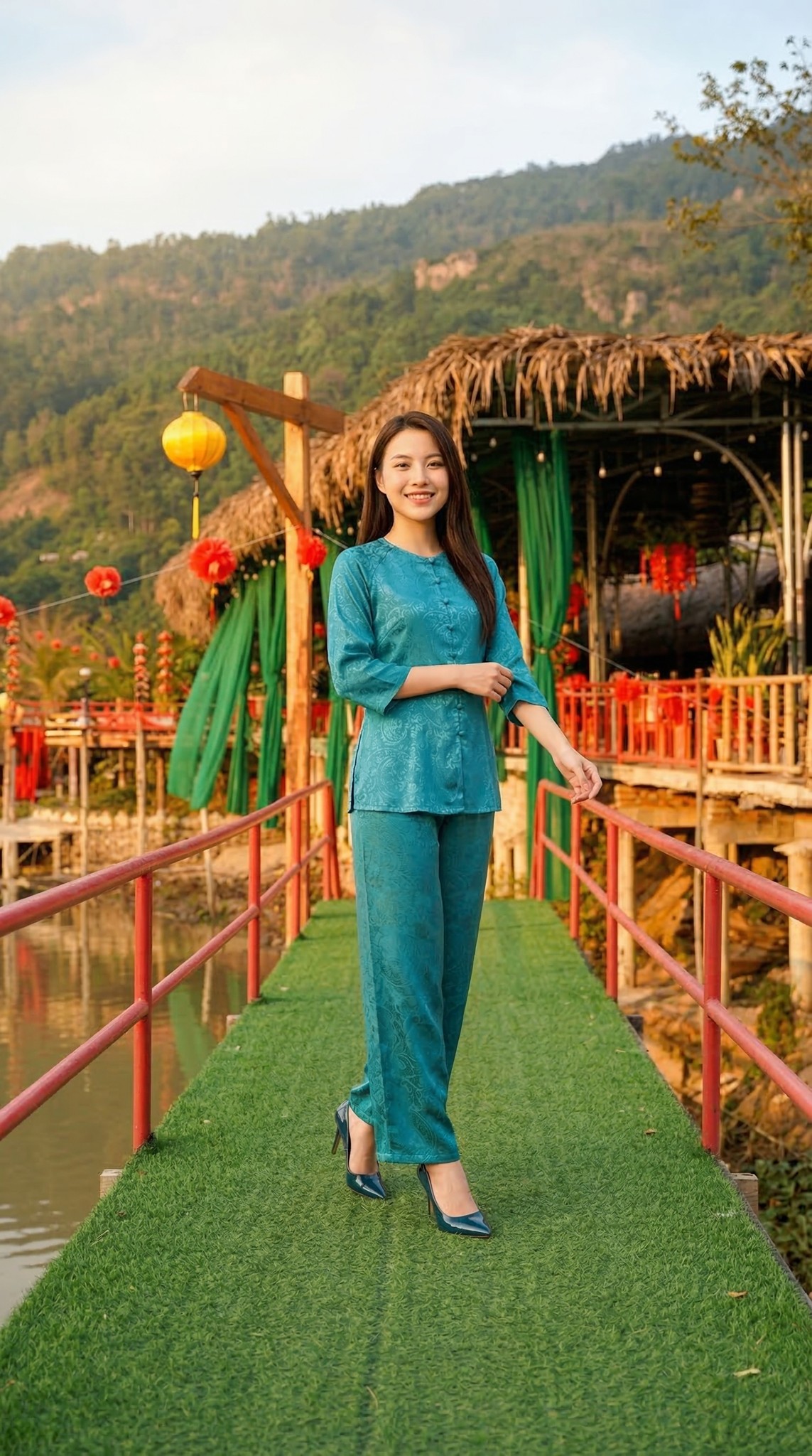 Bước đi trên thảm cỏ nhân tạo giữa không gian lồng đèn đỏ