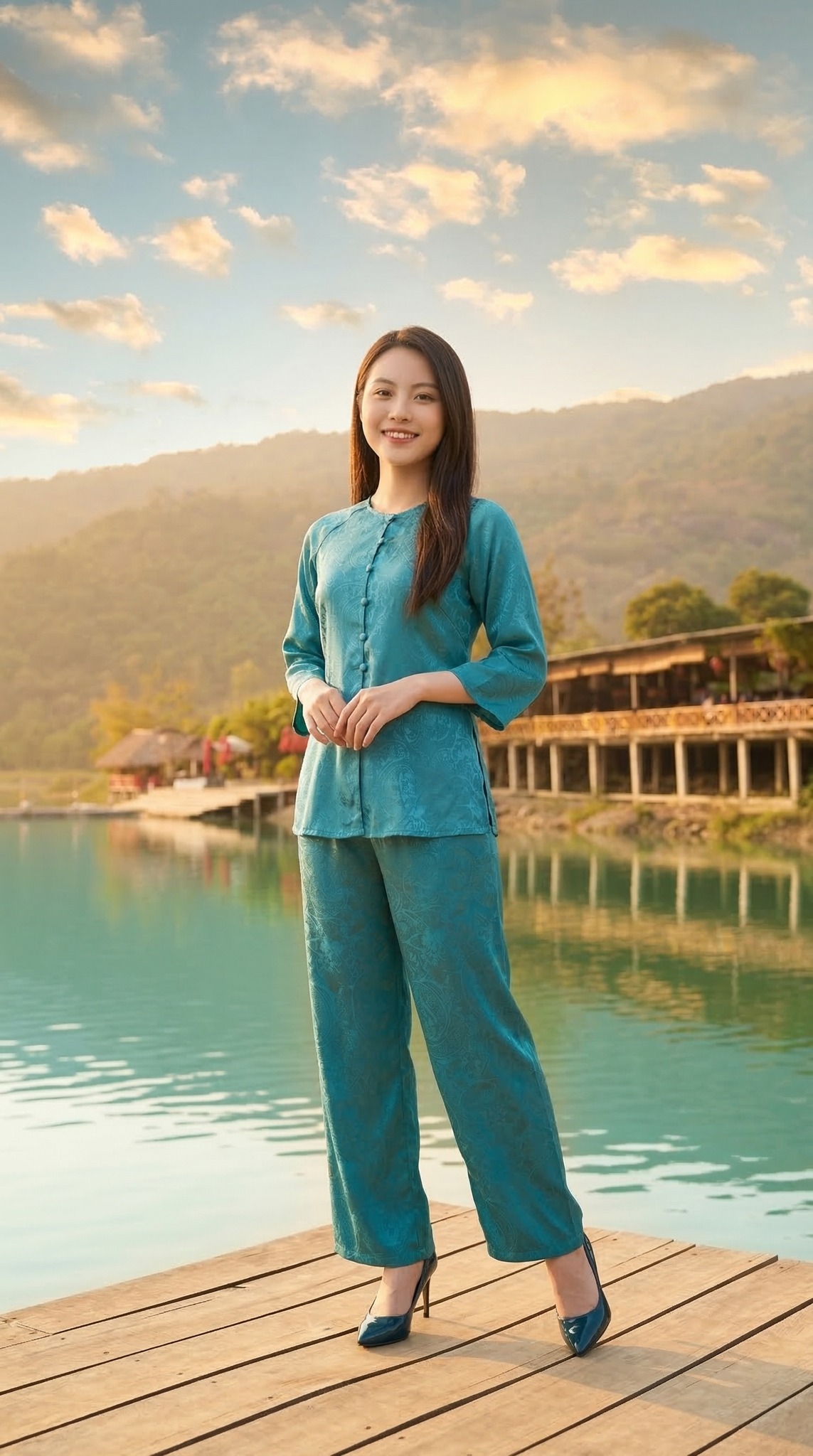 Bến gỗ ven hồ Ô Thum nước xanh ngắt