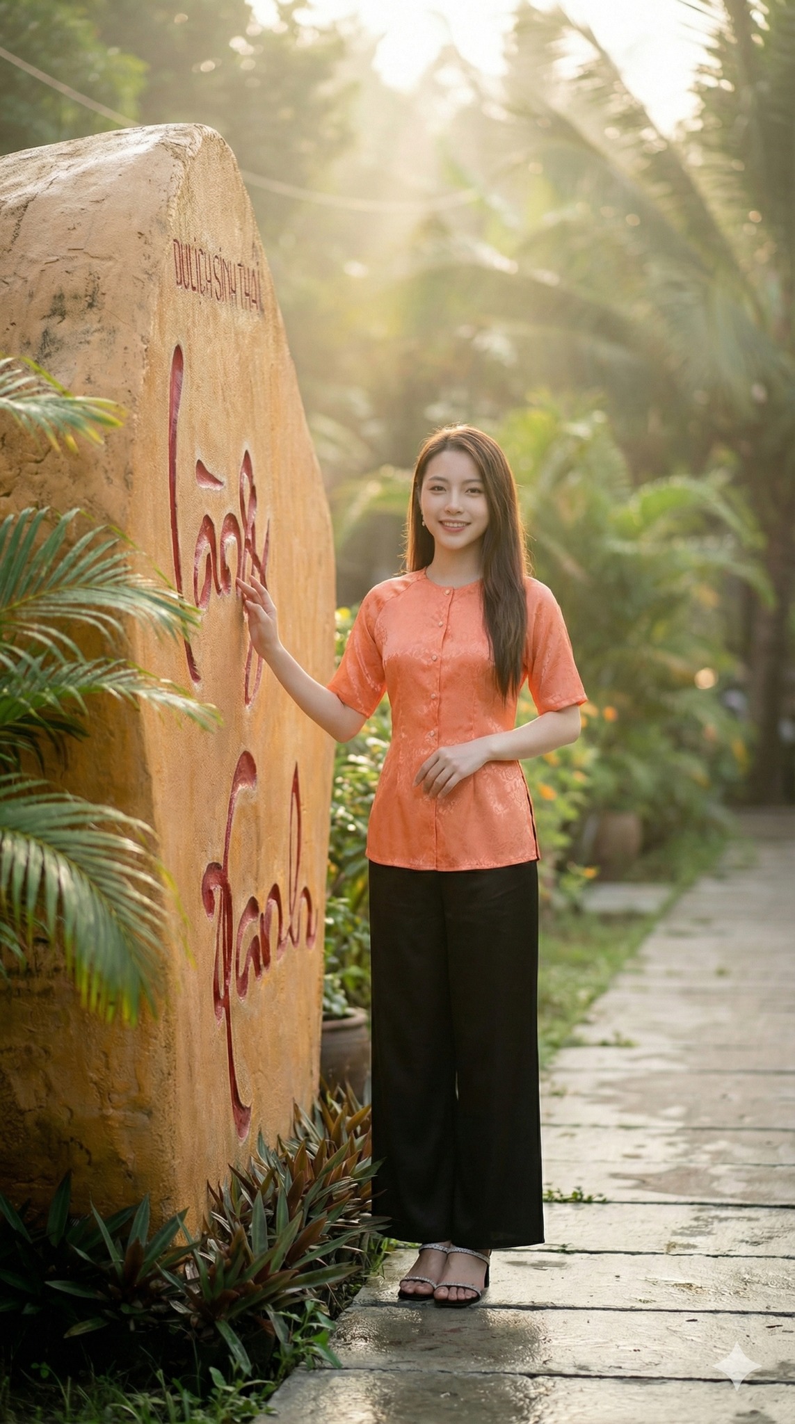 Cổng chào check-in Khu du lịch sinh thái Làng Xanh với áo bà ba