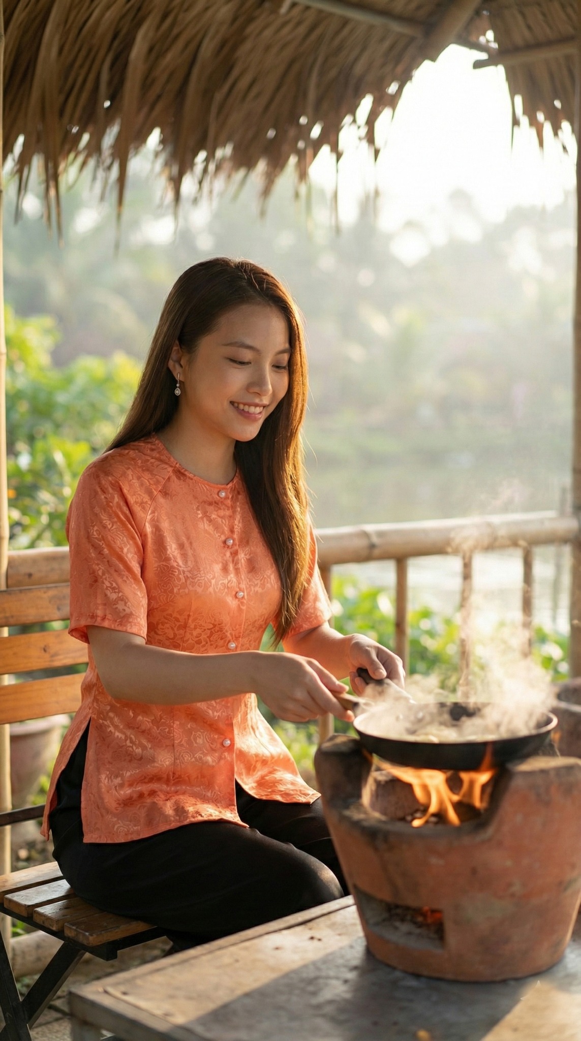 Cô gái khéo léo đổ bánh xèo trên bếp củi
