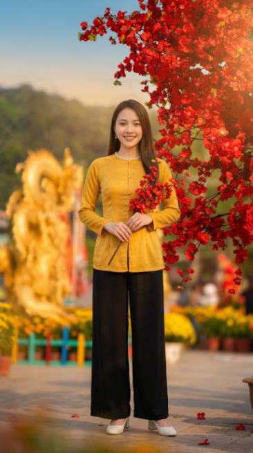 Tạo dáng với nhành hoa đỏ