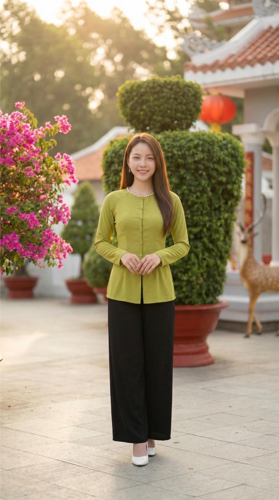 Dáng đứng chắp tay thanh lịch trước sân lăng