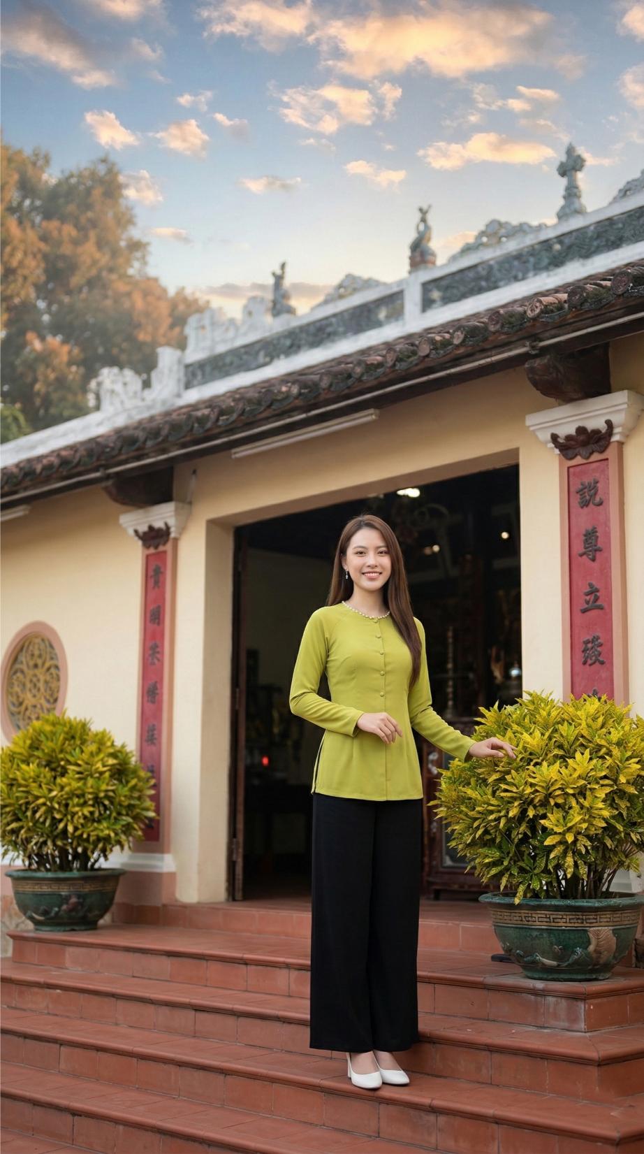 Khu vực đền thờ với câu đối đỏ và tường vàng