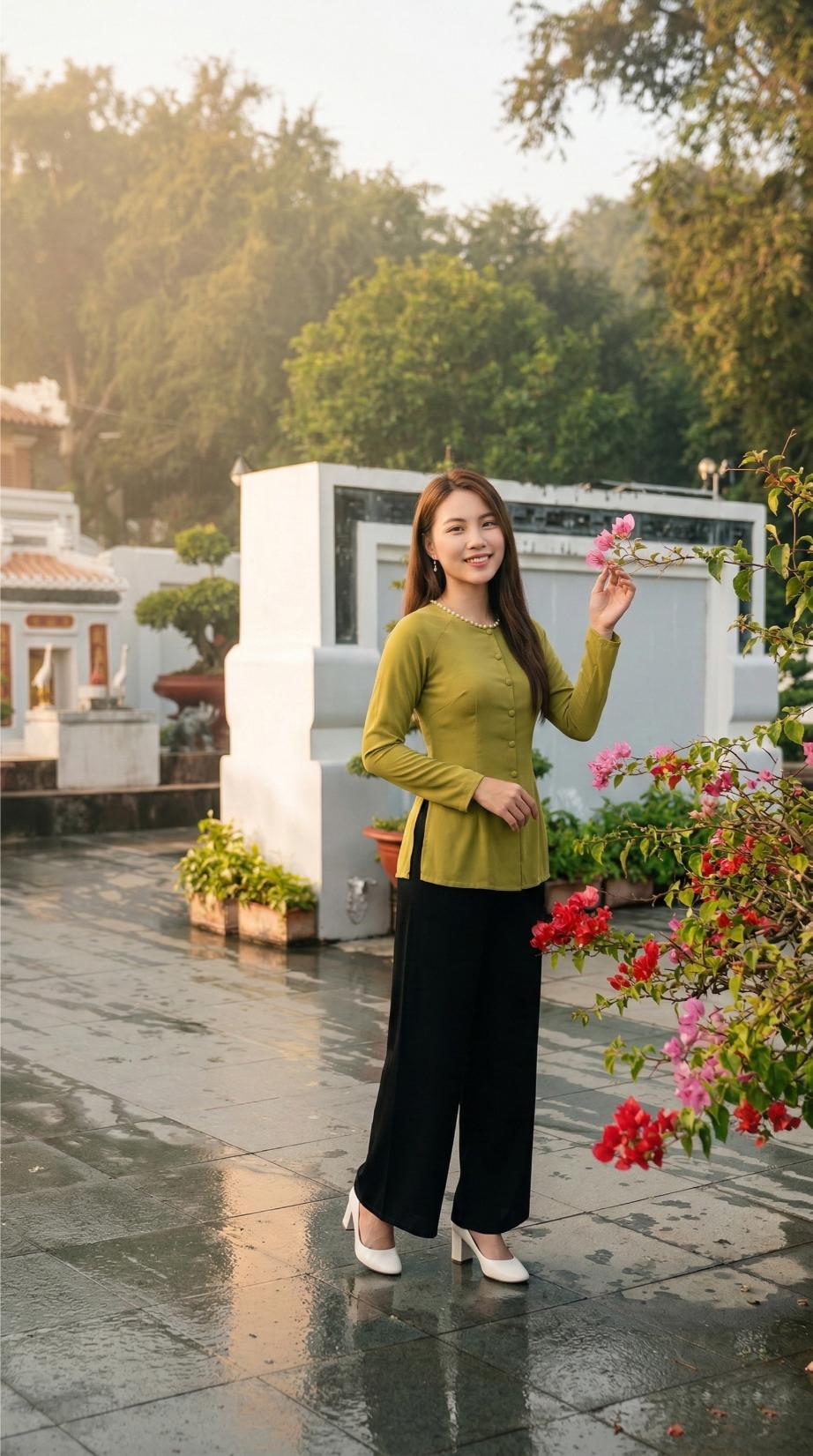 Chụp ảnh với hoa giấy trên nền gạch ướt