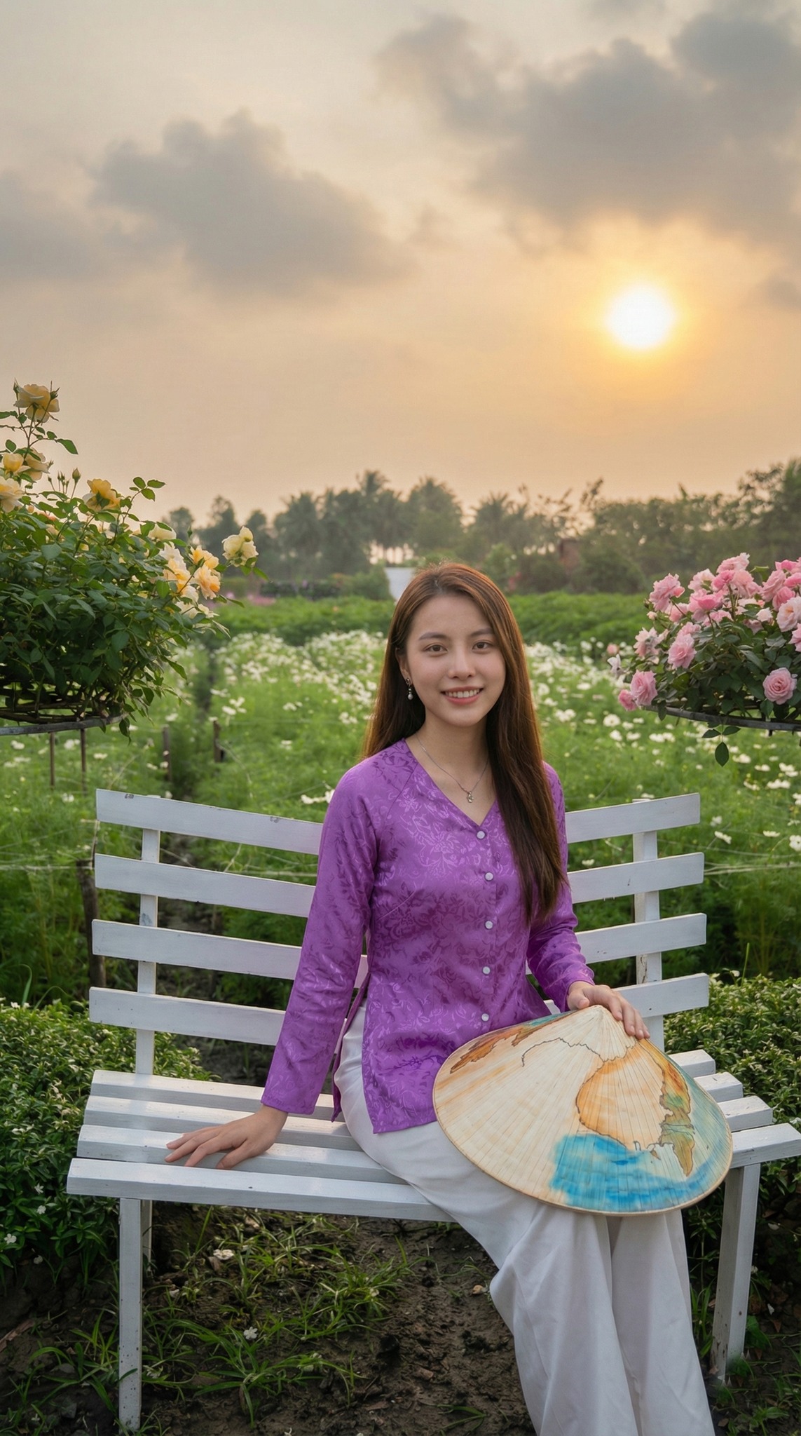 Chụp ảnh với hoa bách nhật tím lúc hoàng hôn
